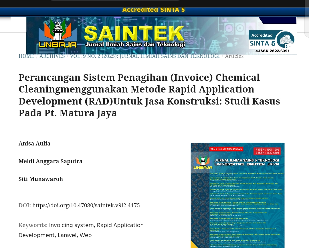 Perancangan Sistem Penagihan (Invoice) Chemical Cleaningmenggunakan Metode Rapid Application Development (RAD)Untuk Jasa Konstruksi: Studi Kasus Pada Pt. Matura Jaya