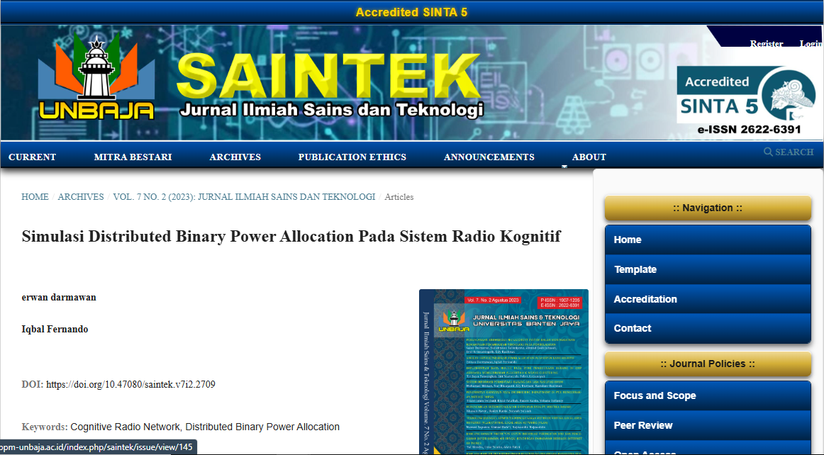 Simulasi Distributed Binary Power Allocation Pada Sistem Radio Kognitif